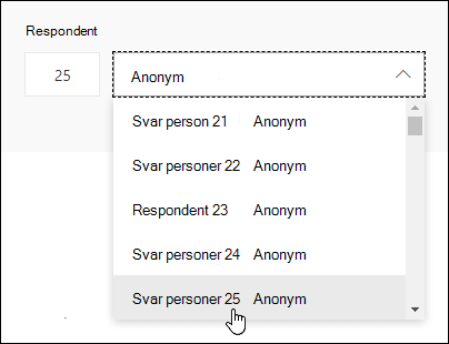 Skriv inn et bestemt nummer i søkeboksen for respondenten for å se detaljene for personens svar i Microsoft Forms