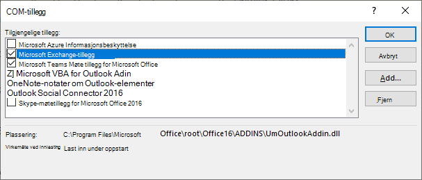 Vinduet for COM-tillegget i Outlook er åpent.