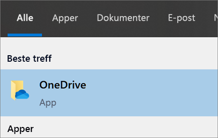 Skjermbilde av søk etter OneDrive-skrivebordsprogrammet i Windows 10