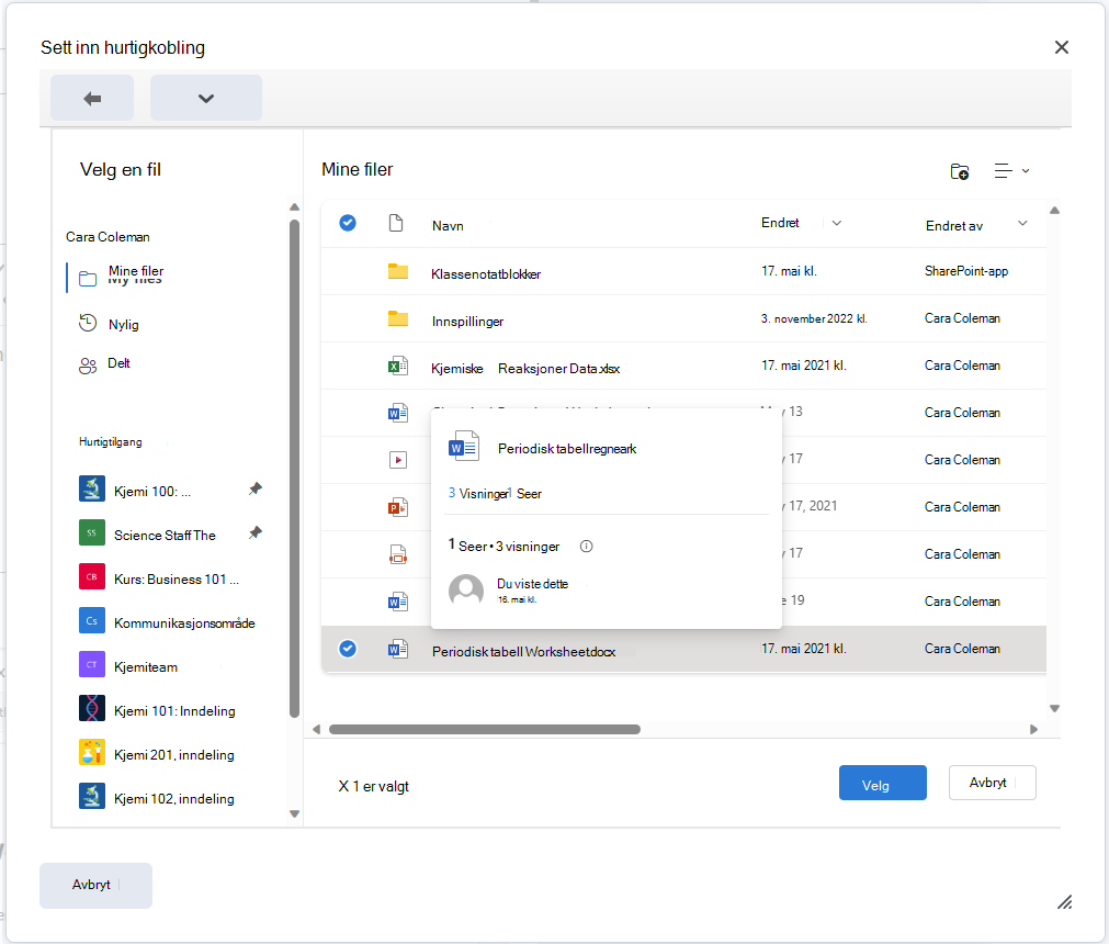 Bygg inn en OneDrive-fil i Brightspace Editor ved hjelp av Knappen Sett inn hurtigkobling.