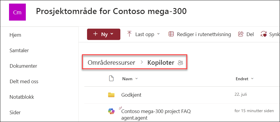 skjermbilde av hvor Copilot-agenter lagres hvis de opprettes fra hjemmesiden