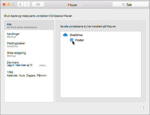 Skjermbilde av Utvidelser i Systemvalg på Mac