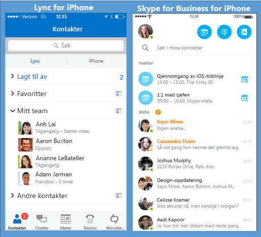 Side-ved-side-skjerm bilder av Lync og Skype for Business