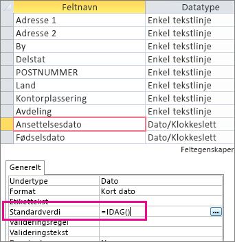 Angi standardverdien for et dato/klokkeslett-felt i en Access-tabell.