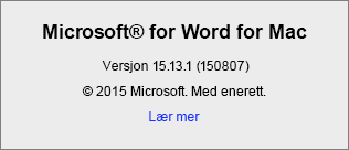 Skjermbilde som viser Om Word-siden på Word for Mac