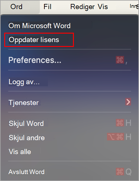 Finne Oppdater lisens-knappen i Microsoft Word på MacOS.