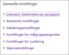 Liste over generelle innstillinger-koblinger