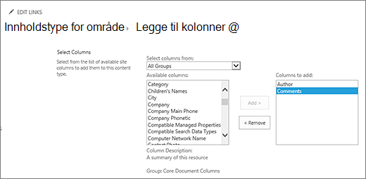 Legge til eksisterende kolonner i innholds type