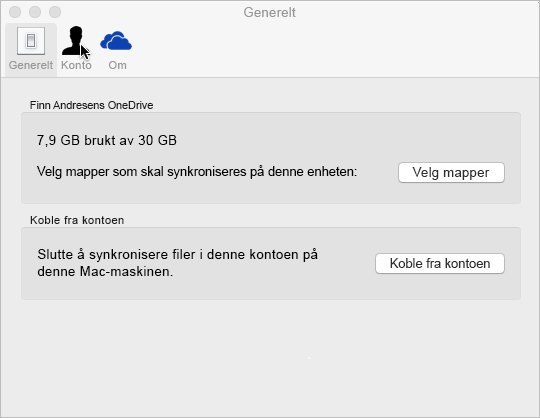 Valget for å synkronisere mappe i OneDrive for Mac