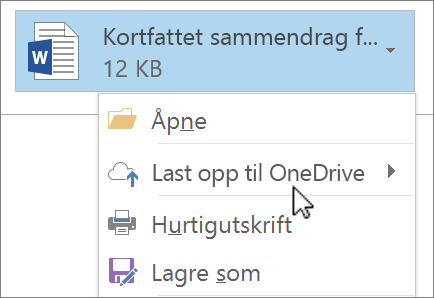 Skjermbilde av skrivevindu i Outlook som viser en vedlagt fil med Last opp-kommandoen valgt.