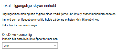 Rullegardinmeny for Windows 10-lagring for å velge når OneDrive-filer bare skal opprettes på nettet