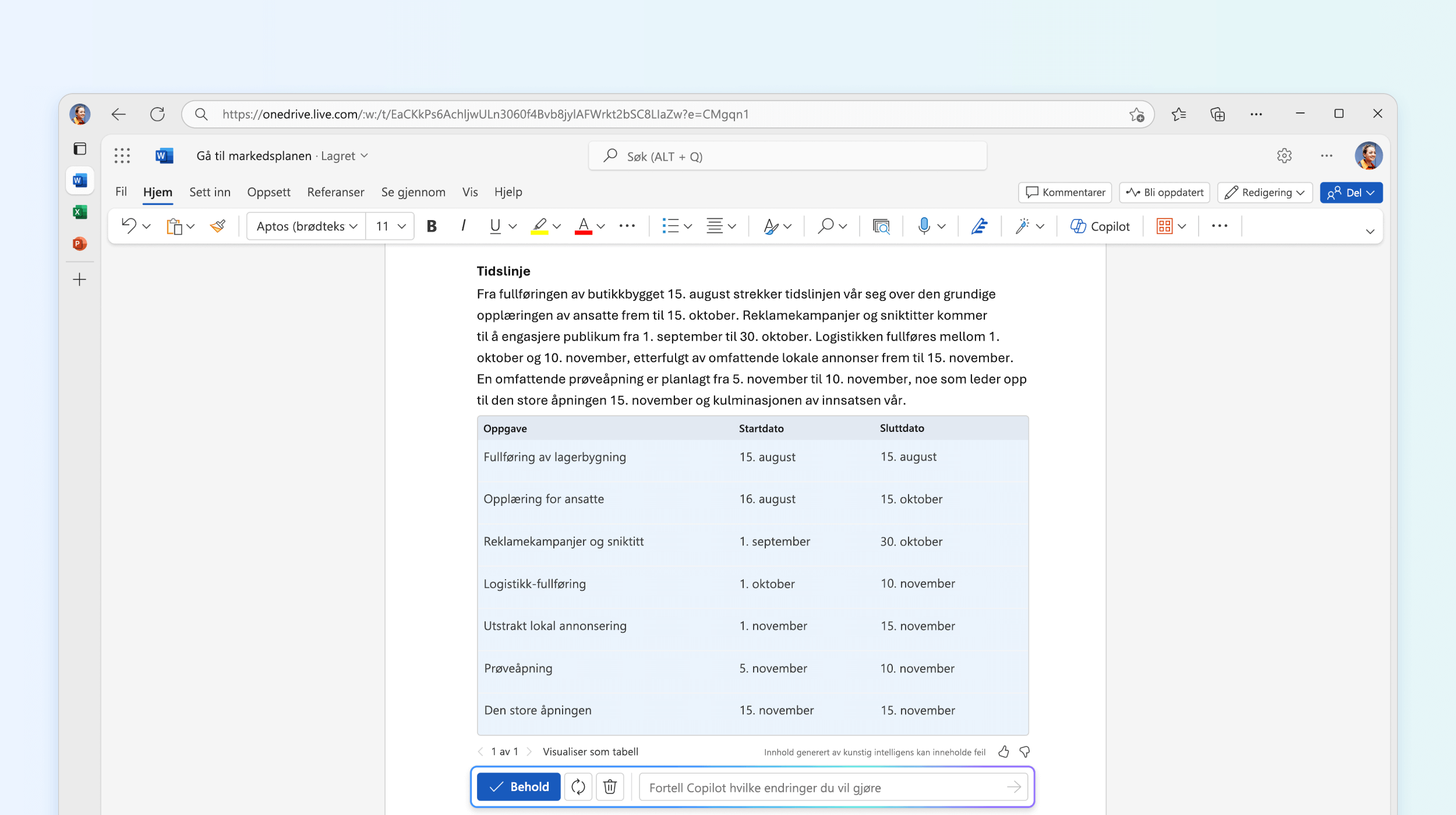 Skjermbilde av tekst til tabell i Copilot i Word