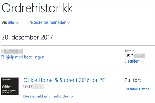 Viser Ordrehistorikk-siden i Microsoft Store