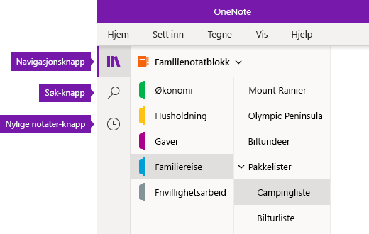 Navigasjonsfeltet i OneNote for Windows 10