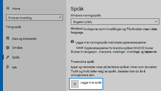 Språkinnstillinger i Windows 10