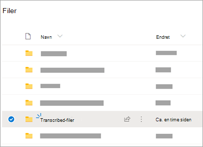 OneDrive-mapper med Transkriberte filer-mappen synlig