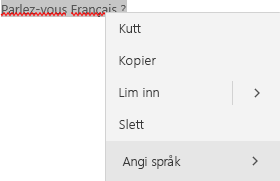 Merket fransk tekst som viser hurtigmenyen for hvordan du angir språk.
