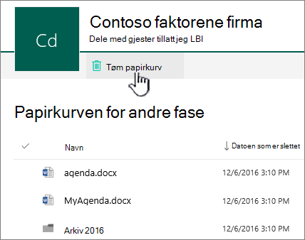 Papirkurv på andre nivå i SharePoint Online med Knappen Tøm papirkurv uthevet