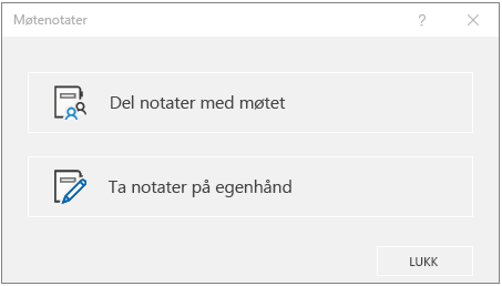 OneNote-dialogboks for Møtenotater