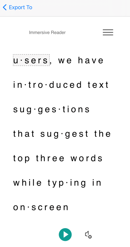 Word-stavelser som vises i Engasjerende leser-visningen i Microsoft Lens for iOS.