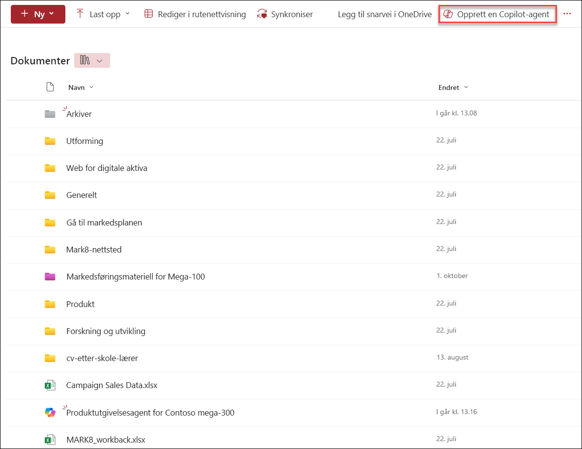 Skjermbilde av Opprett ny Copilot-agent fra dokumentbiblioteket