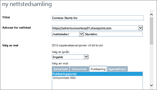 Ny nettsteds samling dialog boksen Top halv part med publiserings Portal uthevet