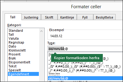 Eksempel på bruk av Format > Celler > Tall > Egendefinert dialogboks for å få Excel til å opprette formatstrenger for deg.