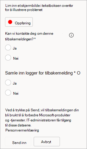 Skjermbilde som viser alternativet for å tillate kontakter og sende logger når du sender inn tilbakemelding