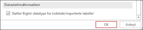 Skjermbilde av bigint-støttetypen for koblede/importerte tabeller som er valgt i Alternativer for Access.