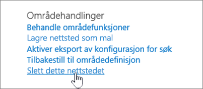 Meny for områdeinnstillinger med Slett dette området uthevet