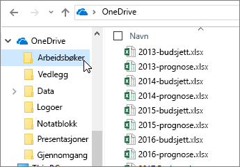 Windows Utforsker, OneDrive-mappe, Excel-filer