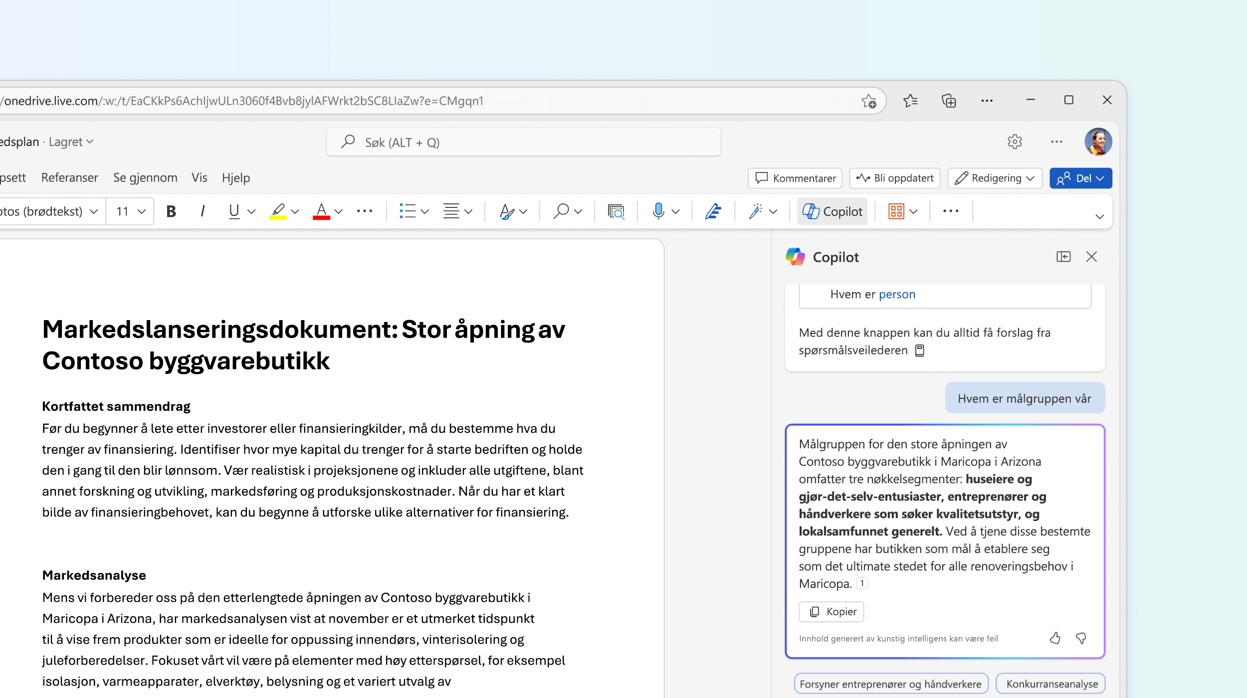 Skjermbilde som viser Copilot i Word som svarer på et spørsmål om dokumentet.