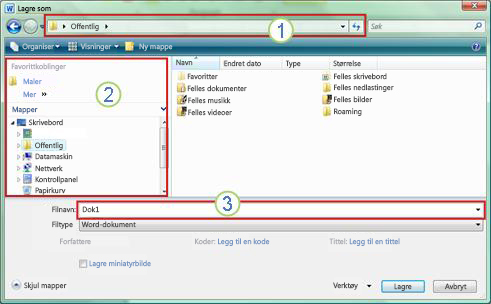 Dialogboksen Lagre som i Windows Vista og Windows 7