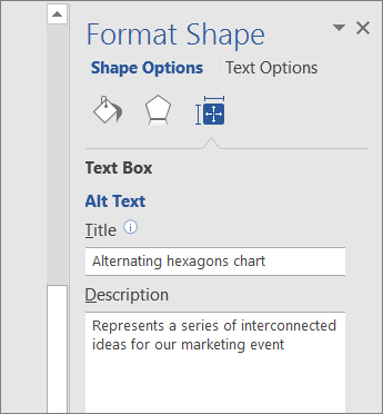 Alternativ tekst-område i Formater figur-ruten, som beskriver den valgte SmartArt-grafikken