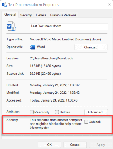 I filegenskaper nederst på Generelt-fanen finner du en Sikkerhet-del med en avmerkingsboks for å fjerne blokkeringen av filen.