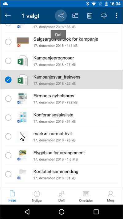 Skjermbilde av OneDrive-mobilapp med en fil valgt og opplastingsikonet uthevet