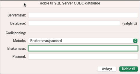 Dialogboksen SQL Server for å angi server, database og legitimasjon