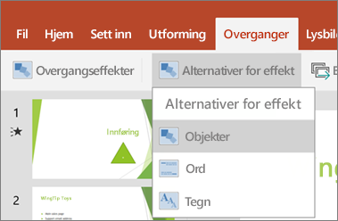 Viser overganger > Alternativer for effekt-menyen i PowerPoint for Android.