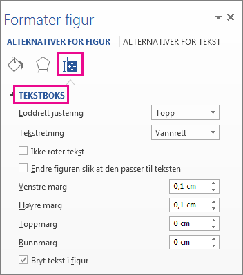 Alternativer for tekstboksen i Formater figur-ruten
