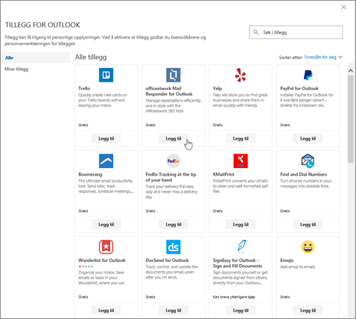 Et skjermbilde som viser Tilleggsprogrammer for Outlook-siden.