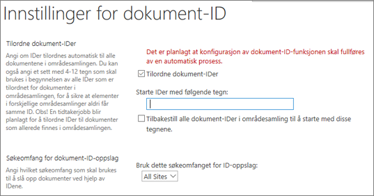 Tilordne dokument-ID-er på siden Innstillinger for dokument-ID