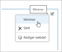 Webdel-meny med minimering uthevet