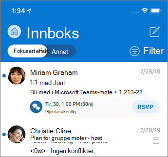 Innboks med fokus i Outlook Mobile