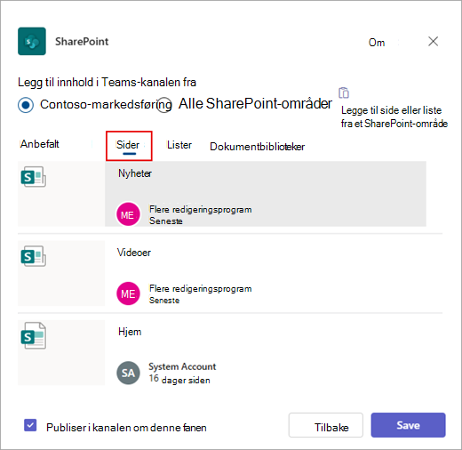 Dialogboksen Legg til innhold i Teams-kanalen fra.