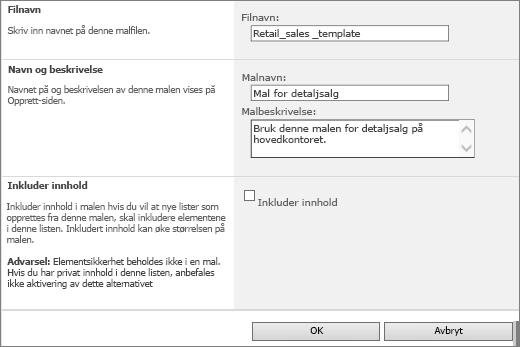 Egenskaps side for liste mal