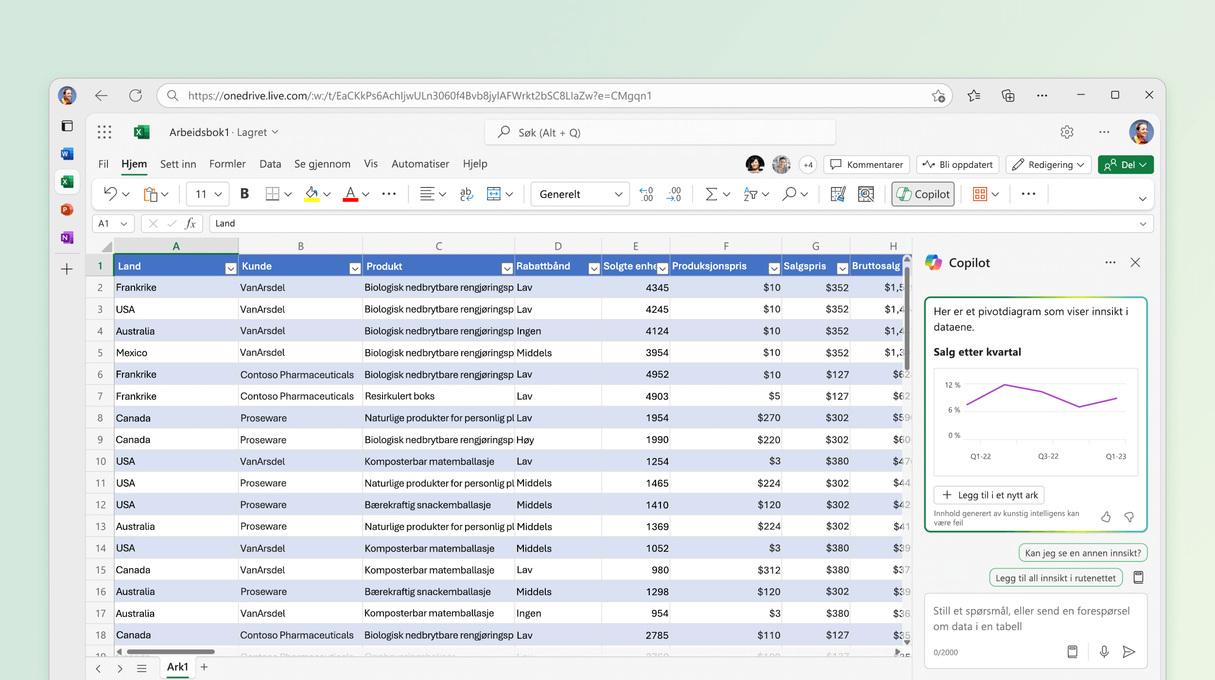 Skjermbilde som viser Copilot i Excel som identifiserer innsikt fra eksisterende data.