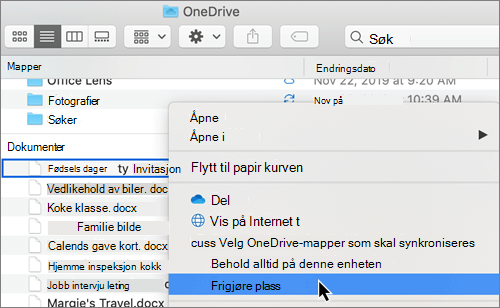 Skjermbilde av OneDrive Filer ved behov-alternativer i Finder på en Mac