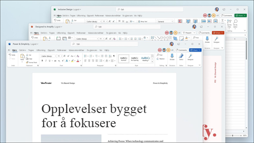 Word, Excel og PowerPoint vises med visuelle oppdateringer på båndet og avrundede hjørner for å samsvare med Windows 11-brukergrensesnittet.