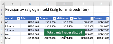Excel-tabell med Totalrad aktivert