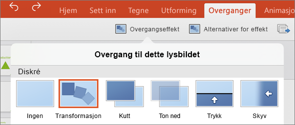 Viser Transformasjon-overgangen på Overganger-menyen i PowerPoint 2016 for iPad